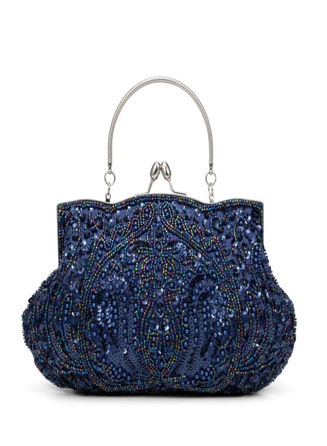 Simcat Beaded Sequin Flower Evening Purse Large Clutch Bag (Dark Blue) - Image 1